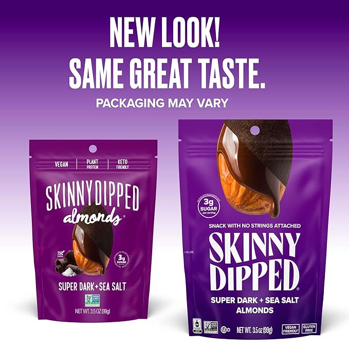 SkinnyDipped Super Dark Chocolate + Sea Salt Almonds, Vegan, Healthy Snack, Plant Protein, Gluten Free, 3.5 oz Resealable Bags, Pack of 5