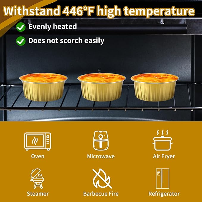 100Pack Alluminum Cupcake Containers, 5oz Dessert Cups with Lids, Mini Cake Pans With Lids&Spoons for Gift Holiday Birthday Party Cake Baking Sales Mini Storage Box Stackable Portable (gold)
