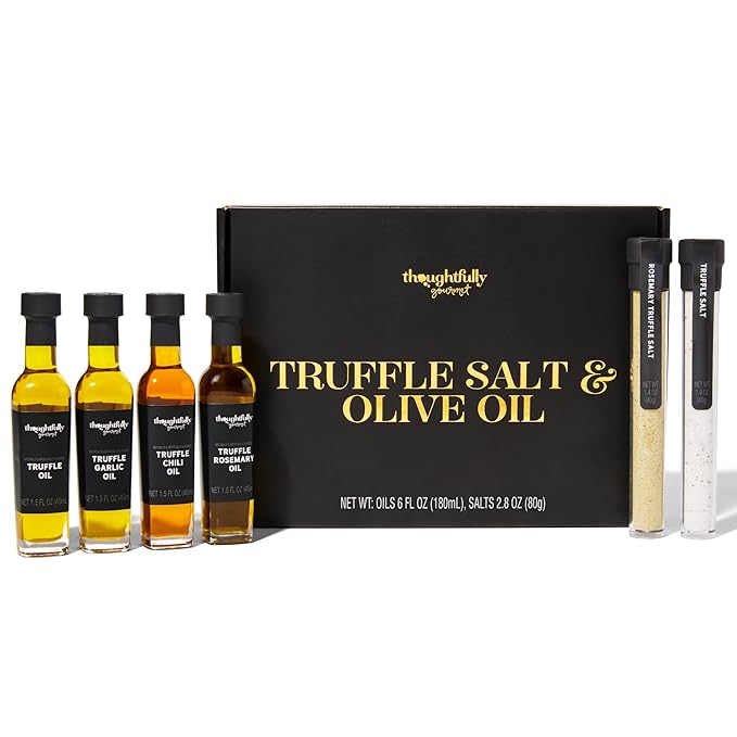 Thoughtfully Gourmet, Truffle Salt & Olive Oil Gift Set, Includes 4 Premium Extra Virgin Olive Oil, 2 Truffle Salts with Real Truffles, Set of 6