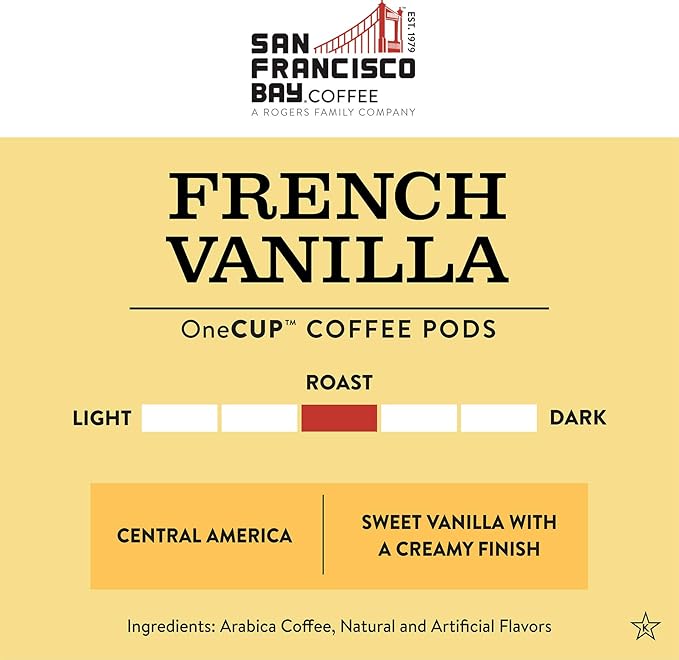 San Francisco Bay Coffee - Flavored Medium Roast - French Vanilla (80 ct) - Single Serve Coffee Pods, Commercially Compostable, K Cup Compatible