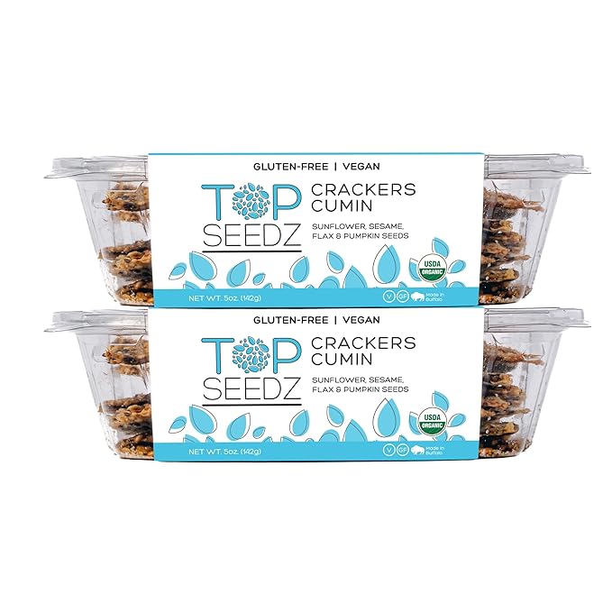 Top Seedz Certified Organic Gluten Free Cumin Seed Crackers | 2-Pack | 5 Ounces | Healthy Vegan Crackers with Plant Based Protein | Made of Sunflower, Flax, Sesame and Pumpkin Seed