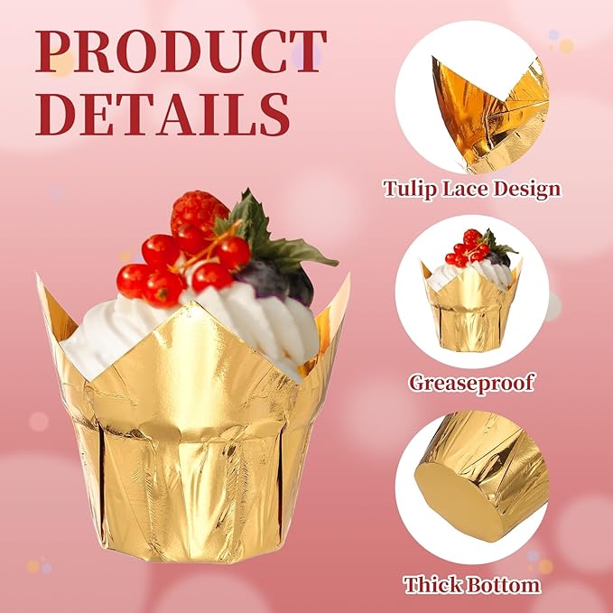 uxcell 100 Pcs Tulip Cupcake Liners, Muffins Liners Aluminum Foil Cupcake Wrappers Baking Cups Muffins Liners for Wedding Birthday Party Supplies, Gold/Silver