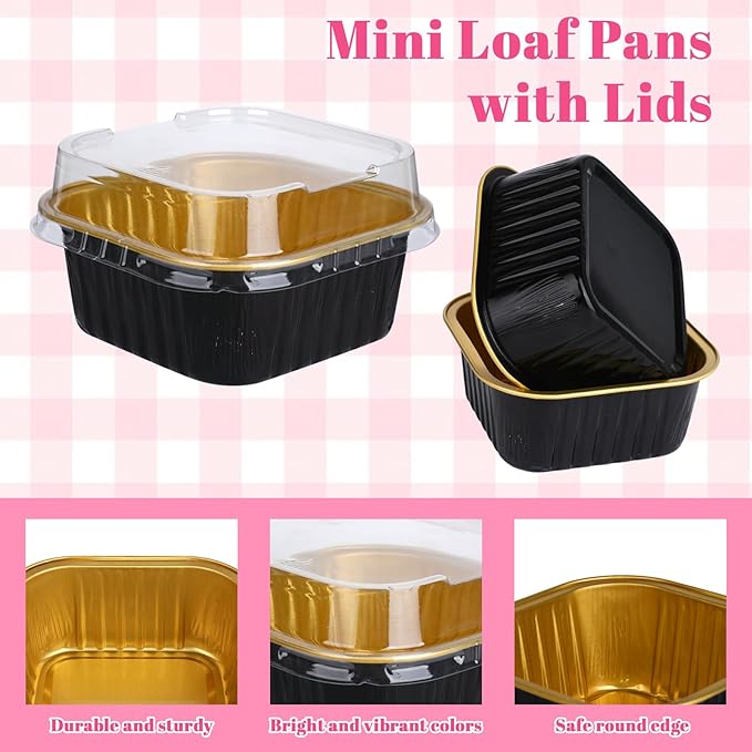 100 Pack Mini Cake Pans with Lids And Spoons, 5oz Square Mini Loaf Pans with Lids, Disposable Cupcake Ramekins Small Cake Pans Aluminum Cups with Lid, Foil Baking Cups Dessert Containers Black Gold