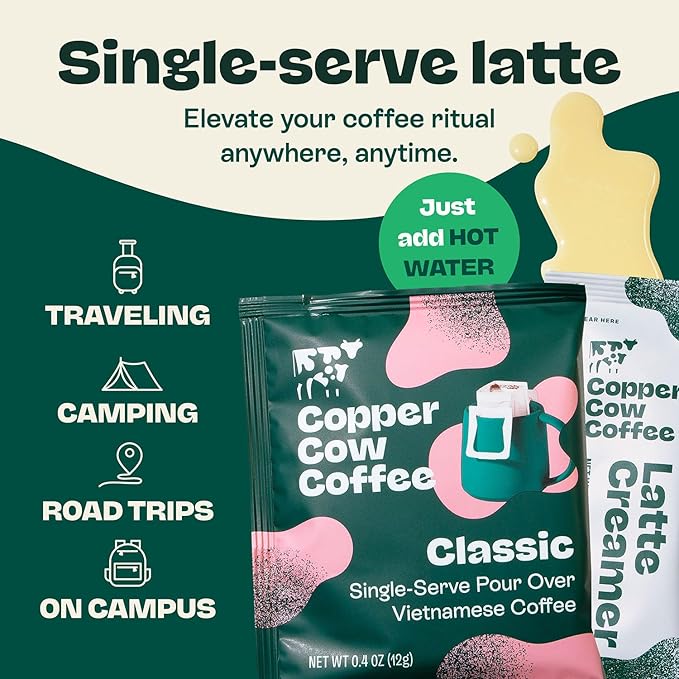 Copper Cow Premium Vietnamese Ground Coffee Variety Pack (15 Coffees & 15 Creamers)| Classic Black, Churro, & Vanilla Latte | Pour Over Single-Serve Lattes, No Refrigeration Needed
