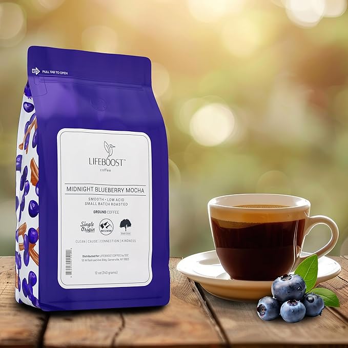 Lifeboost Midnight Blueberry Mocha Ground Coffee - Low Acid Single Origin Coffee - Non-GMO Wild Blueberry Coffee Grounds Third Party Tested For Mycotoxins & Pesticides - 12 Ounces