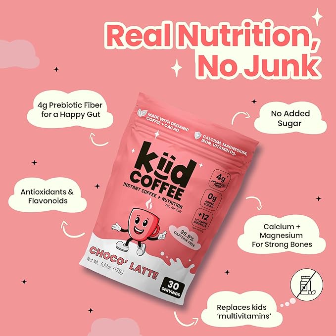 Kiid Coffee - 99.9% Caffeine-Free Organic Coffee for Kids - As Seen on Shark Tank - 12 Vitamins & Minerals, 4g Prebiotics, 0g Sugar - Non-GMO & Gluten-Free - Healthy Snack - Chocolate - 30 Servings