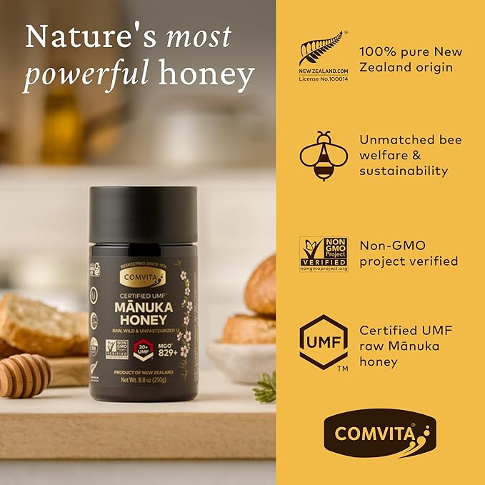 Comvita Manuka Honey UMF 20+ (MGO 829+) - Raw Manuka Honey New Zealand, Pure & Unpasteurized, Superfood for Immune Health, Use in Tea, Wild, Monofloral, Non-GMO - 250g (8.8 oz)