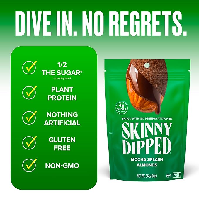 SkinnyDipped Mocha Splash Almonds, Healthy Snack, Plant Protein, Gluten Free, 3.5 oz Resealable Bags, Pack of 5