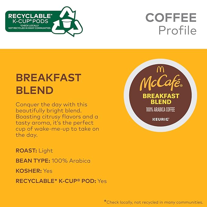 McCafe Breakfast Blend, Single Serve Coffee Keurig K-Cup Pods, Light Roast, 60 Count (6 Packs of 10)