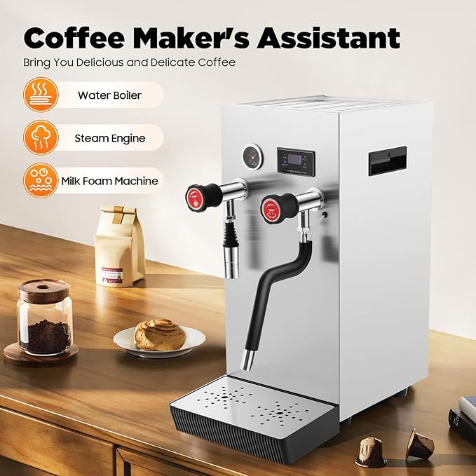 YIYIBYUS Espresso Machine, 110V 8L Commercial Espresso Coffee Milk Foam Maker Stainless Steel Electric Fast Heating Steam Water Boiling Machine with LED Display for Tea Cappuccino Latte Mocha
