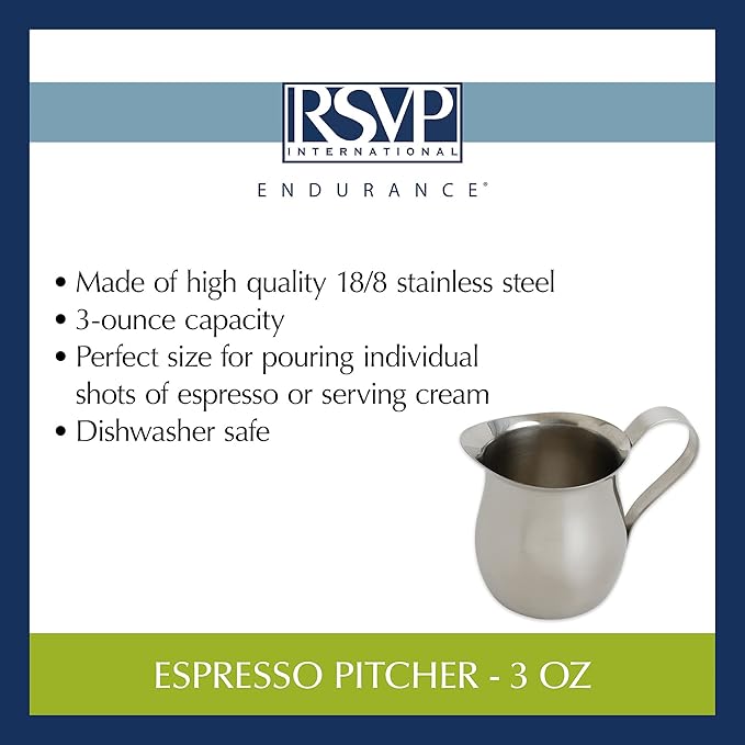 RSVP International Endurance Kitchen Collection Bell Shaped Creamer/Milk Pitcher for Espresso Machine with Handle & Pour Spout, Small, 3 oz. Capacity