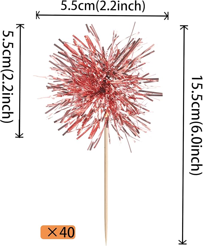 40 PCS Foil Firework Cupcake Toppers Rose Gold Sparkler Cupcake Picks Sparkle Tinsel Fireworks Decorations Cocktail Fruit Toothpick for Firework Theme Birthday Wedding Graduation Party Decor Supplies