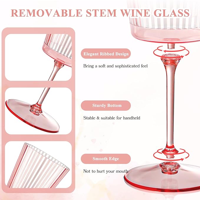 48 PCS Pink Plastic Wine Glasses with Removable Stems 13.5 Oz Pink Ribbed Wine Glasses Square White Wine Glass Muted Pastel Colors Goblets Elegant Fluted Glassware for Wedding Anniversary Birthday