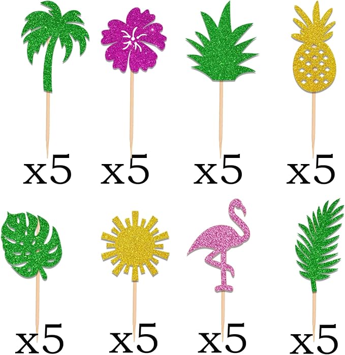 40PCS Tropical Cupcake Toppers Glitter Leaf Pineapple Flower Palm Tree Flamingo Cupcake Picks Aloha Cake Decorations for Summer Hawaiian Aloha Baby Shower Birthday Wedding Party Cake Supplies