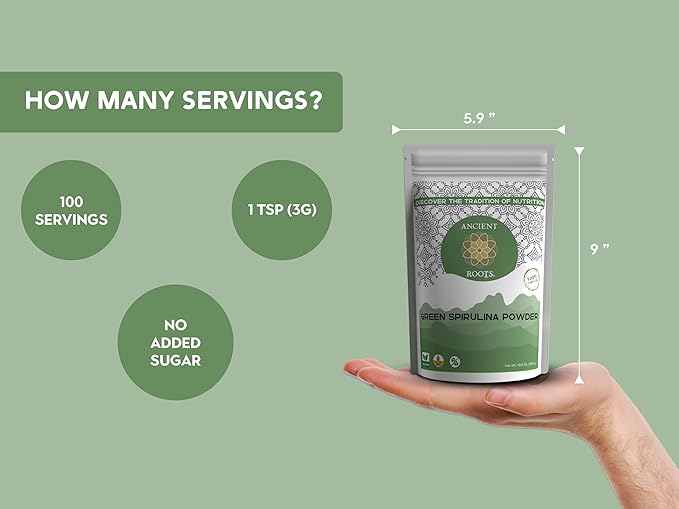 Ancient Roots Green Spirulina Powder - Freeze-Dried, All-Natural, No Sugar Added, Mix with Smoothies, Natural Food Coloring, Resealable Pouch - 10.5 Ounces (75 Servings)