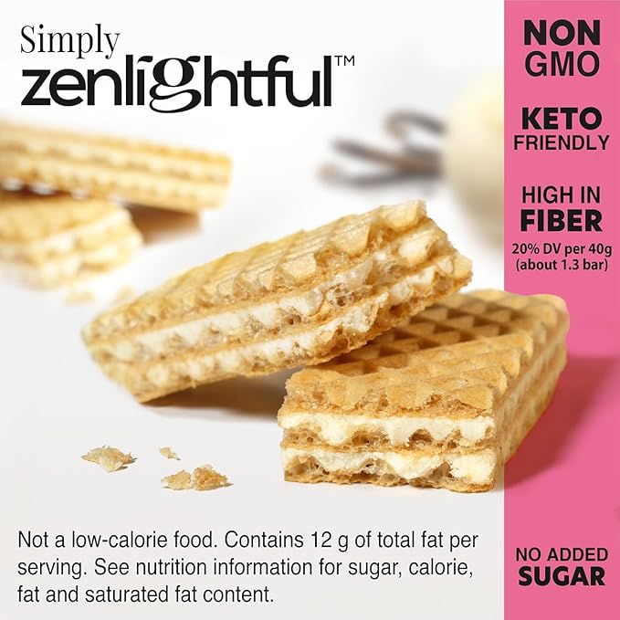 Zenlightful Creamy Vanilla Keto Bars, Low Carb (2 net carbs), Low Sugar (3g), High Fiber, Non-GMO, Vegetarian, Healthy Snacks, Delicious Crunchy Wafer Cookies with Decadent Creamy Filling, 12 Count