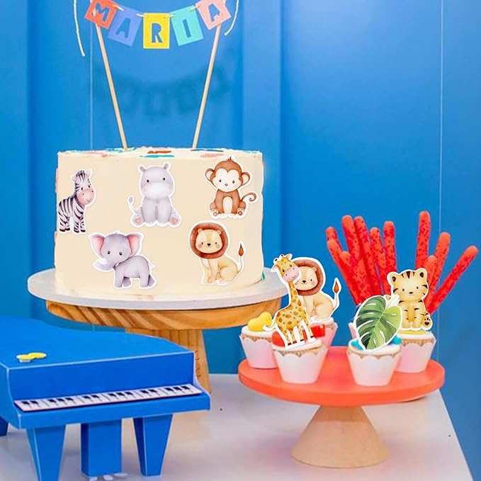 40Pcs Edible Jungle Safari Animal Theme Cupcake Toppers Wafer Paper Jungle Safari Animal Cupcake Toppers Drink Topper Dessert Muffin Cake Picks Cake Decoration for Children Birthday Party Decoration