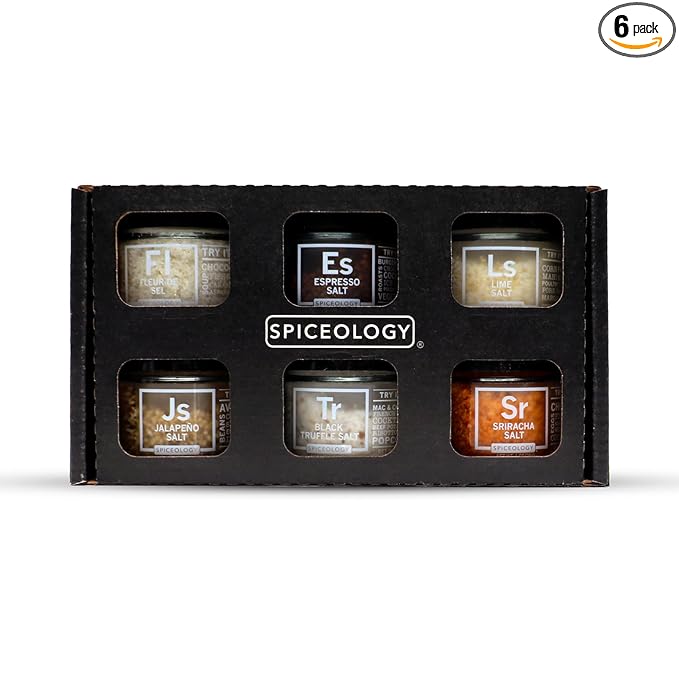 Spiceology - Gourmet Luxe Infused Salt Sampler Gift Set - Set of 6 - Flavors Include: Fleur de Sel, Espresso, Lime, Jalapeno, Black Truffle, Sriracha