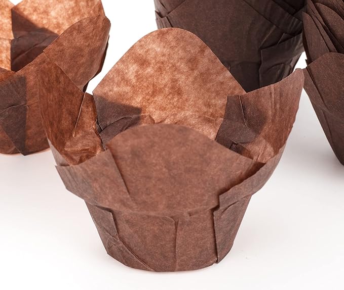 GOLDEN APPLE, 100 Pcs Tulip Cupcake Liner Lotus Parchment Baking Cup Muffin Tins Cups for Weddings, Birthdays, Baby Showers, Brown