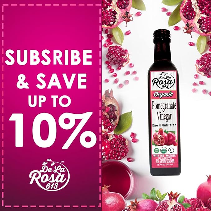 De La Rosa Organic Pomegranate Vinegar, Pure & Unfiltered, Vegan, Gluten Free & Kosher, Great for Salad Dressing, Marinades, 100% Pure Pomegranate Vinegar 16.9 Oz (pack of 2)