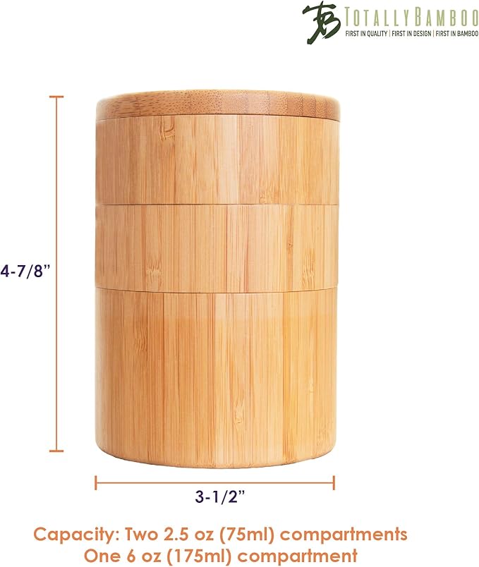 Totally Bamboo Triple Salt Cellar, 3 Tier Bamboo Kitchen Salt and Pepper Storage Box with Magnetic Swivel Lids