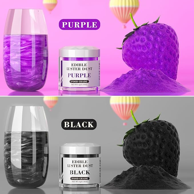 Luster Dust Edible Set - 2 Colors Food Grade Cake Dust Shimmer Powdered, Cherrysea Powder Food Coloring for Cocktails, Cookie Decorations, Cake, Drinks, Fondant, Candy - 4g/Bottle - Black+Purple