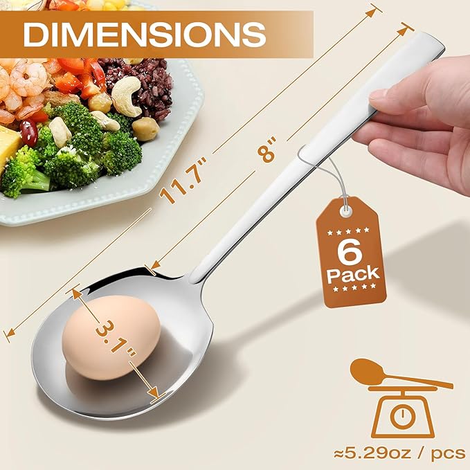Extra Large Serving Spoons Set 18/8 Stainless Steel Silver Serving Utensils 11.7Inch Big Metal Spoons for Buffet, Parties, Catering, Banquet - Dishwasher Safe (6-Piece, Silver)