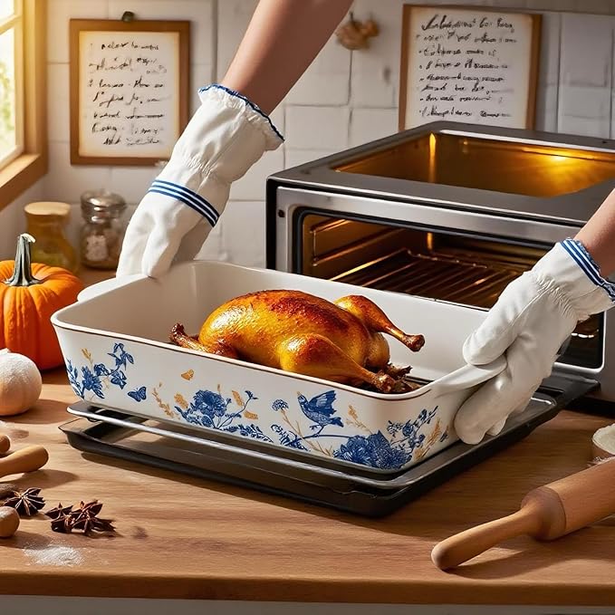 Baking Pans Set of 2 Blue flower 14 inch Ceramic for Oven Large Casserole Baking Dish Set with Handles Porcelain Bakeware Sets Casserole Dish for Oven/Cooking/Kitchen/Cake Dinner