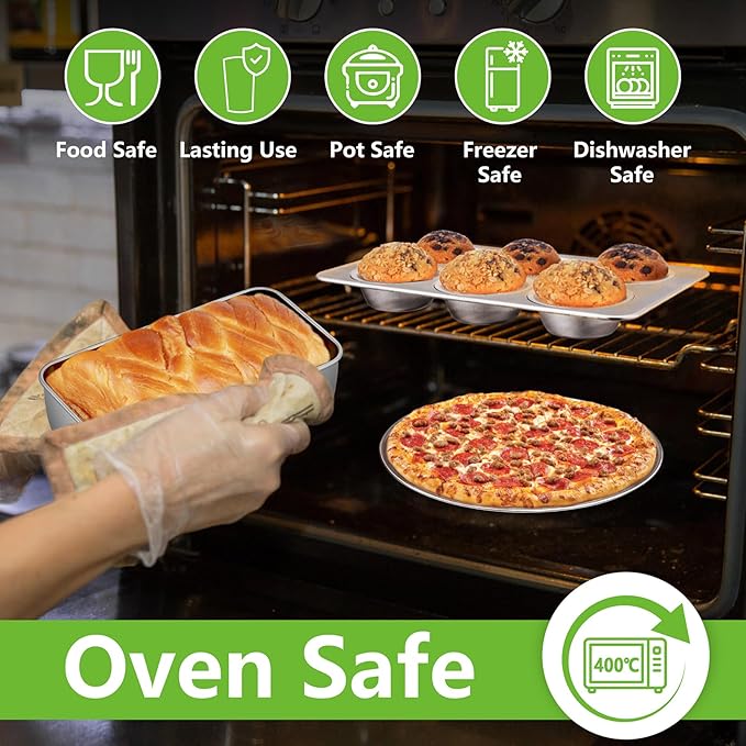 Bakeware Sets of 11, P&P CHEF Stainless Steel Baking Pans Set, Includes Baking Sheets and Rack, Lasagna Pan with Lid, Round/Square Cake Pan, Muffin Pans, Loaf Pan, Reusable & Durable