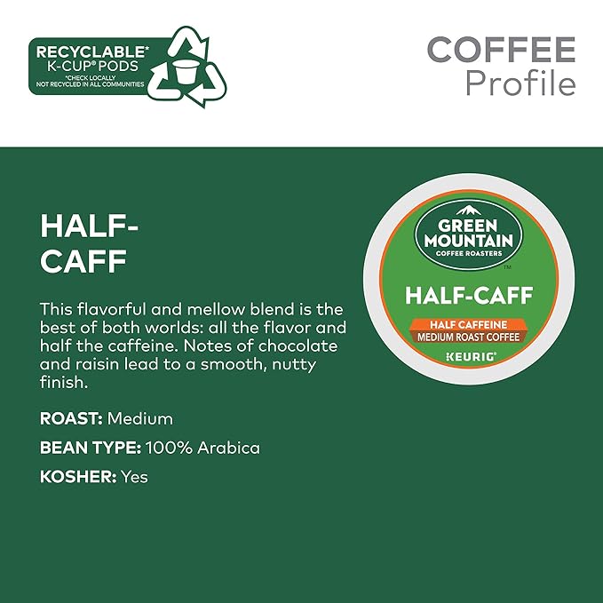 Green Mountain Coffee Roasters Half Caff Coffee, Keurig Single-Serve K-Cup pods, Medium Roast, 96 Count