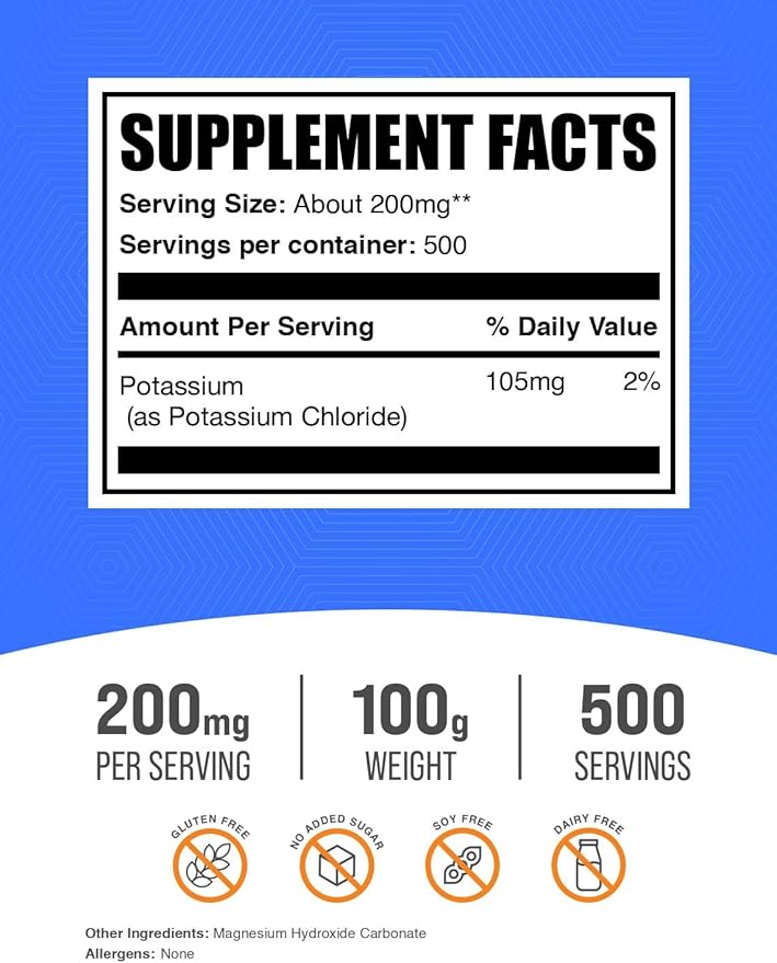 BulkSupplements.com Potassium Chloride Powder - Salt Substitute, Potassium Salt - Gluten Free, 200mg per Serving, 100g (3.5 oz) (Pack of 1)