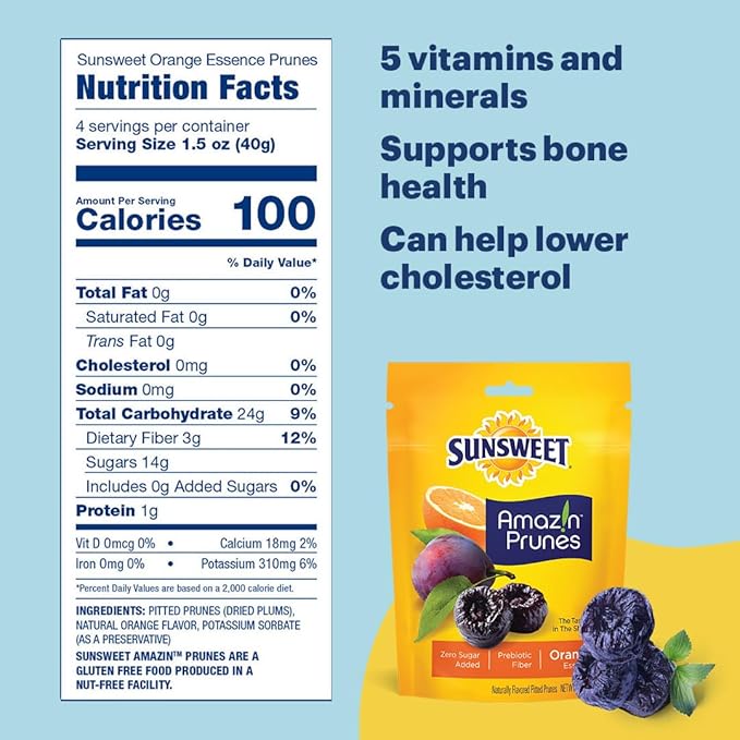 Sunsweet Amazin' Prunes Orange Essence - Prunes Pitted Unsweetened & Dried - Gluten Free, Vegan, Low Fat - Fiber & Minerals - 6 oz pouch - 6 Pack