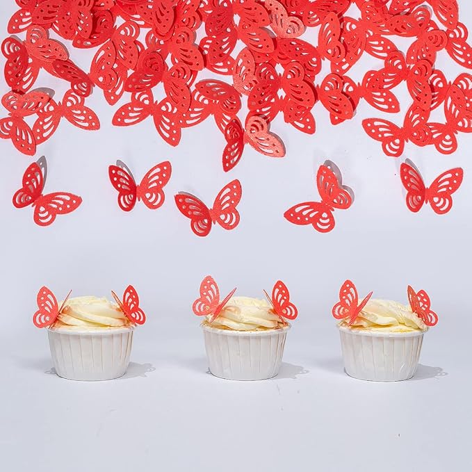 Red Edible butterflies Wafer Paper Cake Cupcake for Decorating Rice Paper Flower Food Decorations for Baking Girl Birthday Party Mix Size Color (Rosered butterflies60)