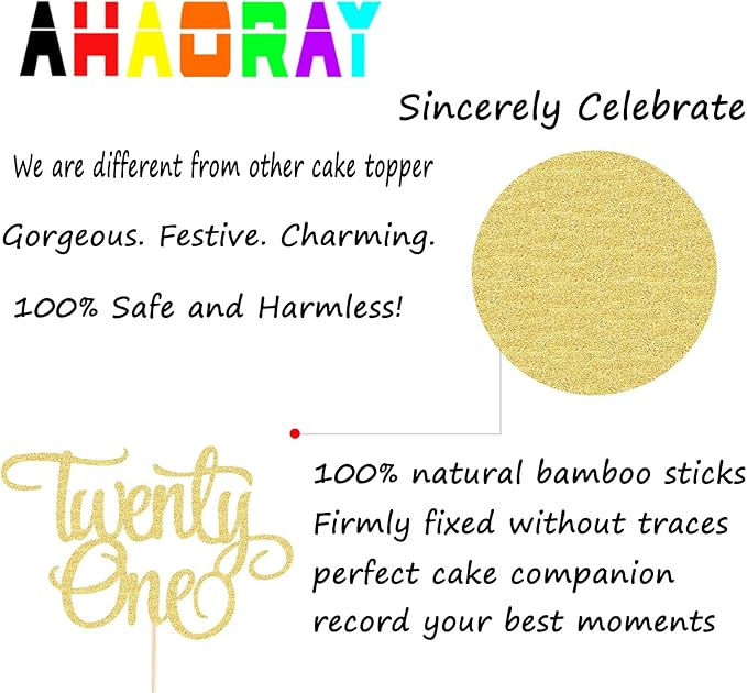 Twenty One Cake Topper - Gold Glitter 21st Birthday Cake Decorations Supplies - Cheers to 21 Years Birthday Party Cake Decor Decoration Photo Booth Props