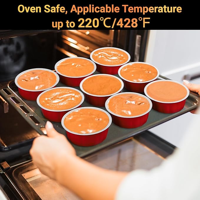 Beasea Disposable Aluminum Foil Cups 100 Pack, 8 oz 235ml 3.9" Bake Ramekin Cup Muffin Cupcake Baking Cup Mini Pudding Cups for Party Wedding Birthday - Red