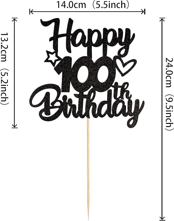 1 Pack Happy 100th Birthday Cake Topper - Glitter Heart Star 100 Fabulous Cake Pick Sign Decorations for Theme Party Supplies - Black