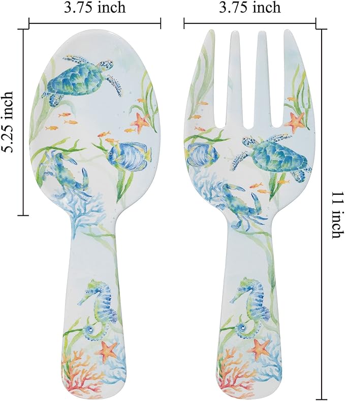 UPware Sea Life Serenade Melamine Salad Servers, Serving Utensil Set, Includes Serving Fork and Spoon for Tossing Salad, Pasta, Multicolor, 10.75 Inch, Set of 2