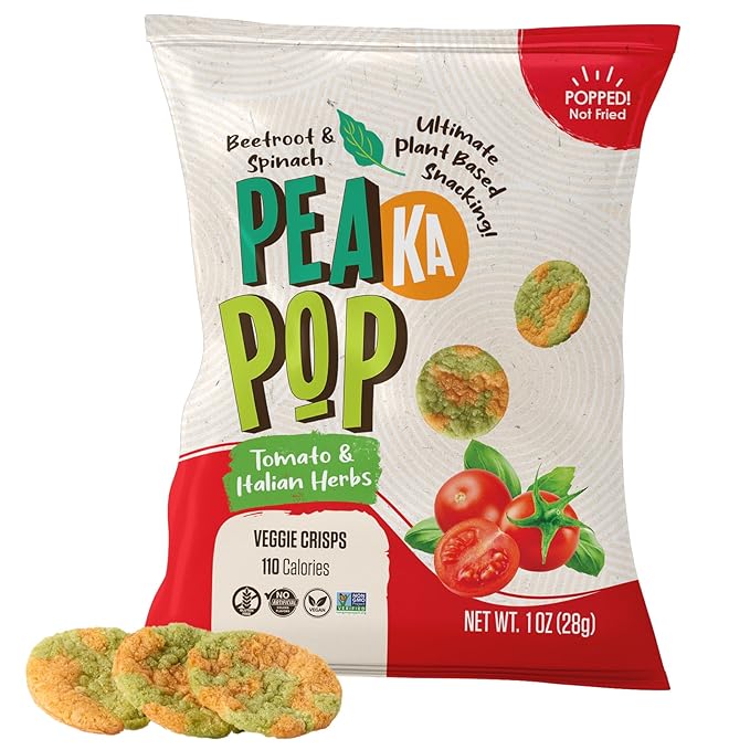 PeaKaPop Veggie Chips ??Plant-Based, Healthy Veggie Crisps with Pea, Lentil & Chickpea Protein ??Vegan, Gluten-Free, Popped Chips ??Snack Size for Kids & Adults ??1 oz Bags (15-Pack) ??Tomato & Italian Herbs