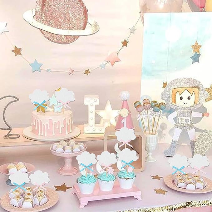 24 PCS Bow Cloud Cupcake Toppers Glitter Cloud Boy or Girl Cupcake Picks Gender Reveal Party Decorations for Baby Shower Birthday Wedding Party Cake Decorations Supplies Blue Pink