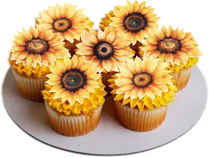 60 PCS Edible Sunflower Cupcake Toppers Wafer Paper Flowers Cake Decorations Edible Sunflower Party Decorations for Baby Shower Sunflowers Birthday Party Cake Toppers Food Decorations Supplies
