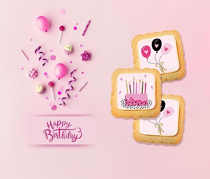 Happy Birthday Party Cookies Pink Cake Balloons Individualy Wrapped Printed Cookies 24 Pack Bulk