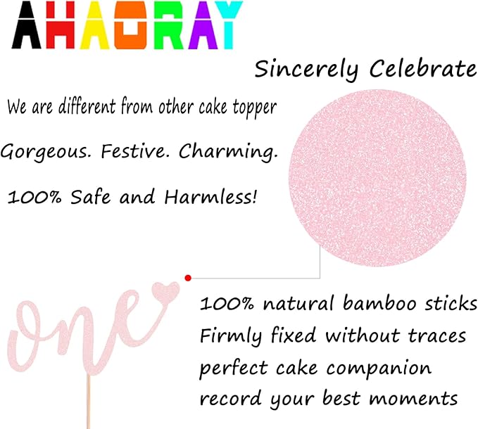 First Birthday Cake Topper - Light Pink Glitter Love One Birthday Cake Decorating Supplies, Perfect for Baby Shower/Gender Revealing Party/Baby Party Photo Booth Props