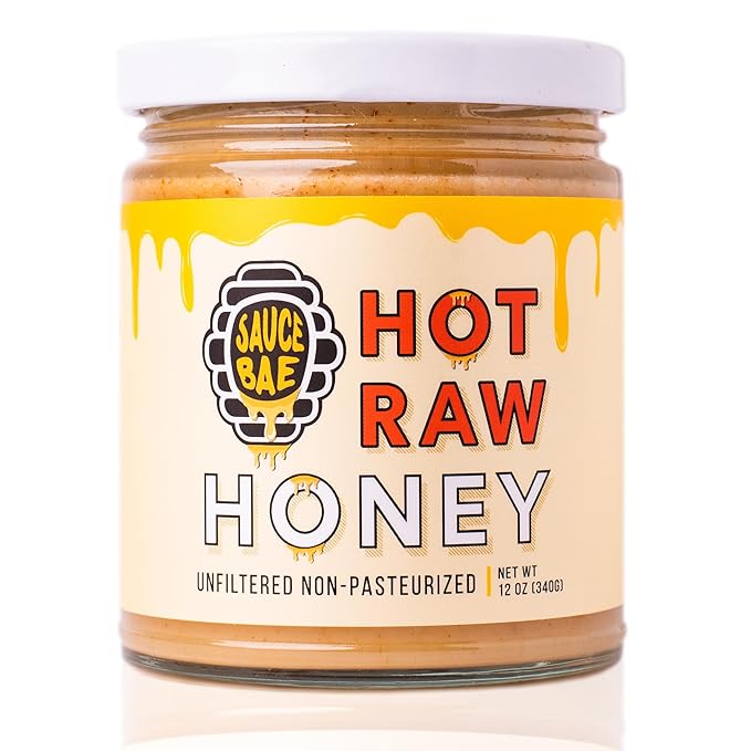 Sauce Bae Hot Raw Honey - Unfiltered & Unpasteurized, 100% USA White Clover, Perfect for Charcuterie & Sandwiches - 12 Oz