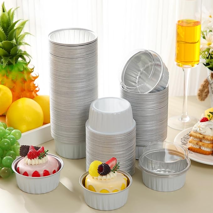 Gejoy 400 Pcs Aluminum Foil Baking Cups with Lids 5 oz Disposable Ramekins Mini Cake Pans Creme Brulee Cupcake Liners Muffin Tins Flan Mold Dessert Container for Wedding(White,Classic)