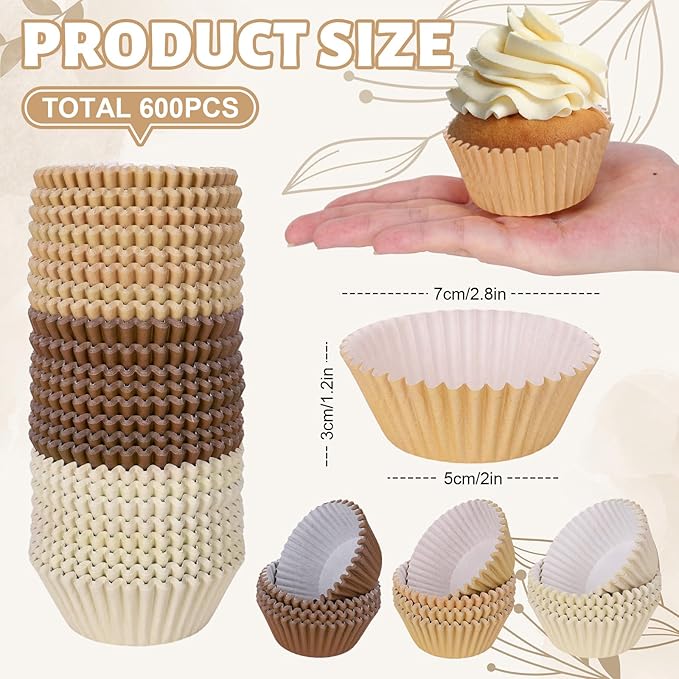 Whaline 600Pcs Brown Neutral Cupcake Liners Fall Color Brown Gradient Color Baking Cups Tan Neutrals Cupcake Wrappers Muffin Liners for Baby Shower Bridal Shower Wedding Birthday Party Supplies