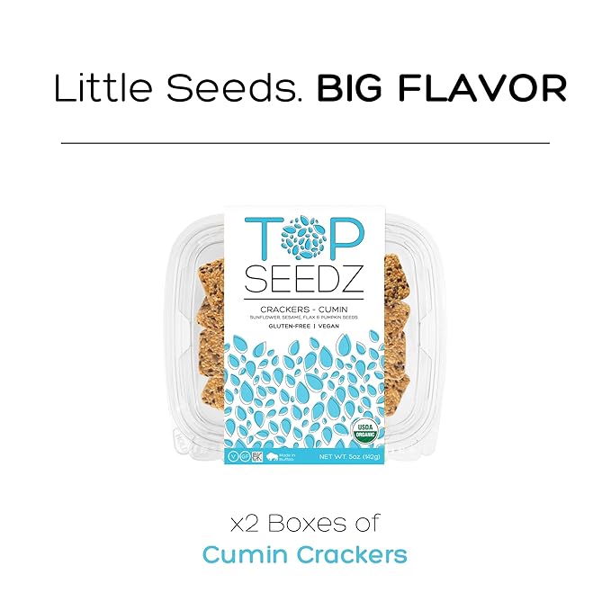 Top Seedz Certified Organic Gluten Free Cumin Seed Crackers | 2-Pack | 5 Ounces | Healthy Vegan Crackers with Plant Based Protein | Made of Sunflower, Flax, Sesame and Pumpkin Seed