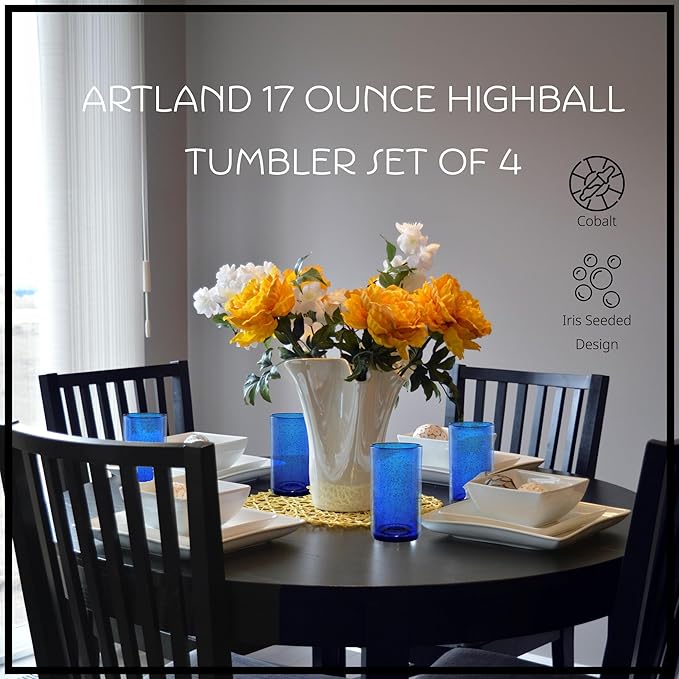 Artland 17oz Highball Tumbler, Set of 4 | Iris Seeded Design, Cobalt Blue | Drinking Glass for Parties and Everyday Use - Mojito, Whiskey, Cocktail | Glassware & Kitchenware Essentials