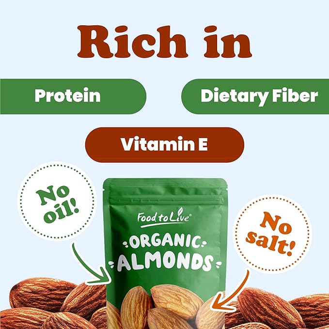Food to Live Organic Dry Roasted Almonds, 12 Ounces – Non-GMO, Unsalted, Vegan, Keto, Paleo, Kosher, Bulk, High in Protein, Dietary Fiber, Vitamin E, Copper, Manganese, Magnesium, and Riboflavin.