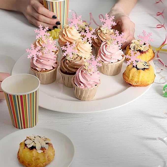 Rsstarxi 50 Pack Pink Edible Snowflake Cake Decorations Snowflakes Cupcake Toppers Winter Frozen Snowflake Cake Decorations for Baby Shower Kids Birthday Winter Party Decorations