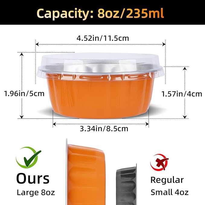 Beasea Ramekins Baking Cups with Lids, 120 Pack 8 oz 4 Inch Mini Disposable Orange Aluminum Foil Creme Brulee Baking Cups Small Round Cupcake Tart Pie Tins Pans Individual Containers Oven Safe